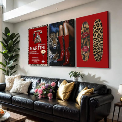 3 pièces à la mode léopard rouge sur toile, art rétro, bottes à la mode, peinture murale, coquette, lèvres rouges, esthétique, guépard, images, pour les filles, chambre à coucher, appartement, dortoir, œuvres d'art, décorations 16 x 24 po