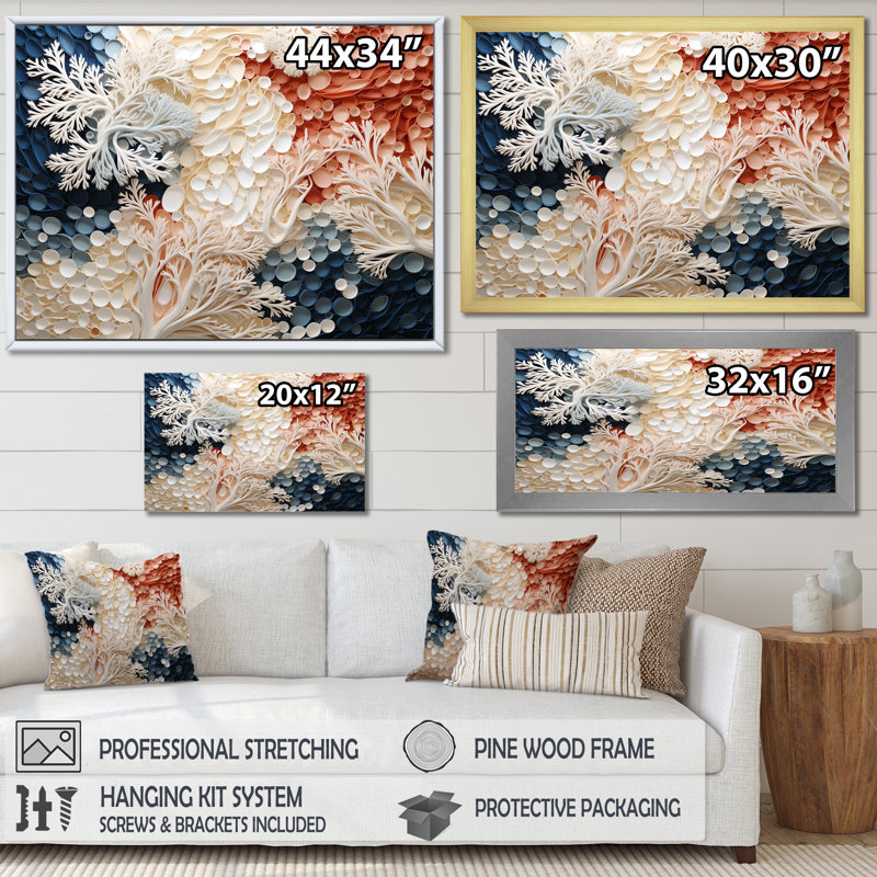 Pink And White Coastal Coral Collage II - Beach & Ocean Canvas Wall Art, White Floater Frame, 34" H x 44" W x 1.5" D