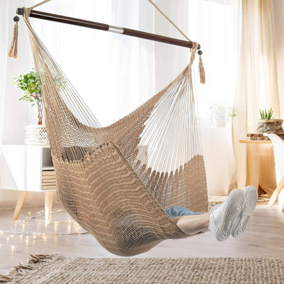Hammock Chair Swing With Folded Spreader Bar, Upgraded Skin Breathable Caribbean Hanging Chair, Large 330 Pound Capacity, Portable For Indoor Outdoor Use, Light Brown