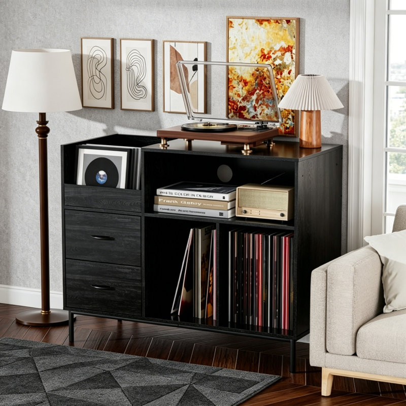 Support multifonctionnel pour tourne-disque avec prise de courant, couvercle rabattable et grand rangement en vinyle pour un plaisir musical organisé