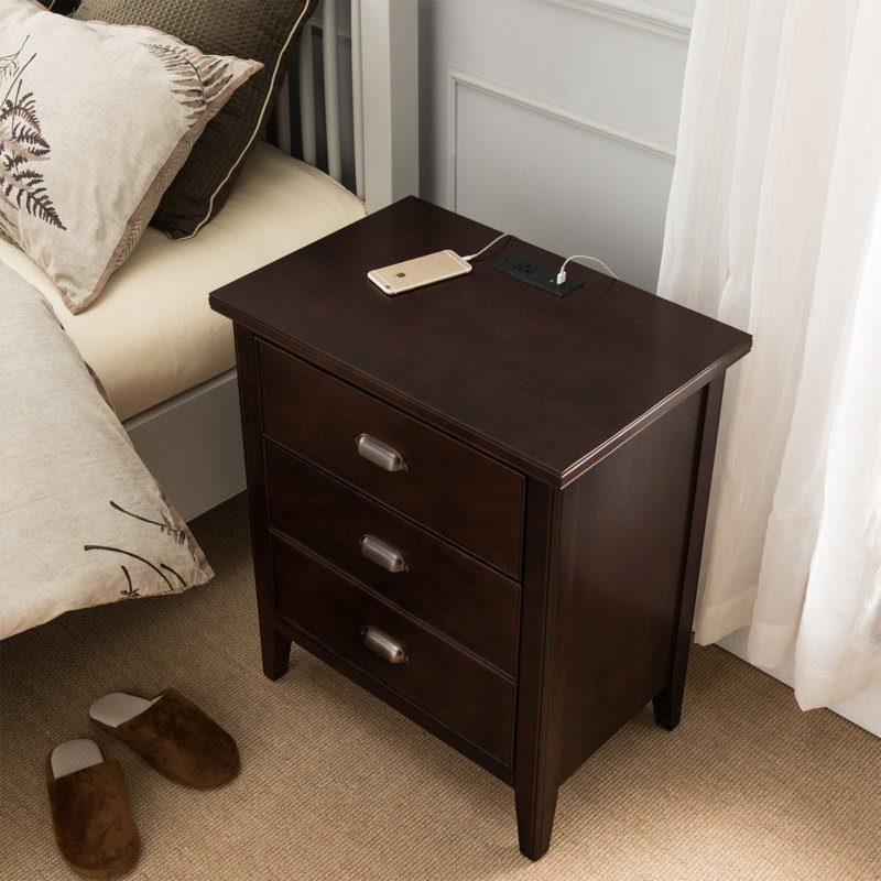 Table de chevet avec tiroir Laurent, porte avec station de charge rapide USB-C et prise CA / USB Laurent, Chocolat cerise