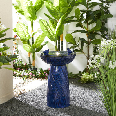 24.75"H Cobalt Blue Twist Textured Birdbath Ceramic Outdoor Floor Fountain With Two Birds, Pump And LED Light (KD)
