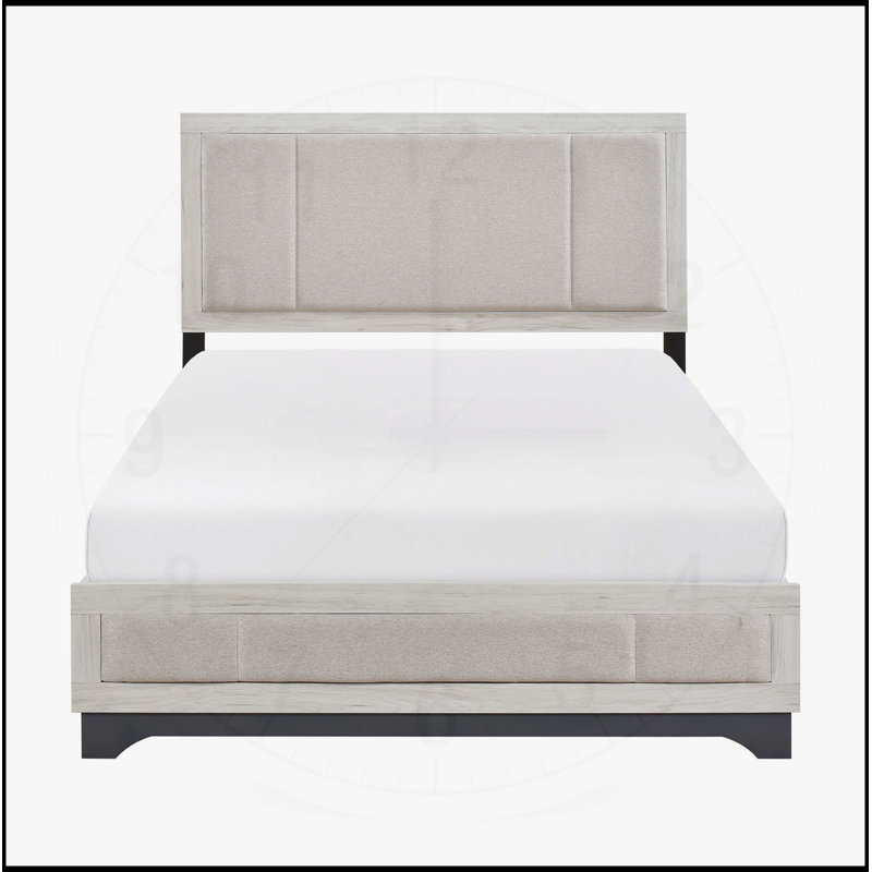Lit plateforme double contemporain en chêne blanc et gris avec tête de lit et pied de lit rembourrés Contemporary, Double