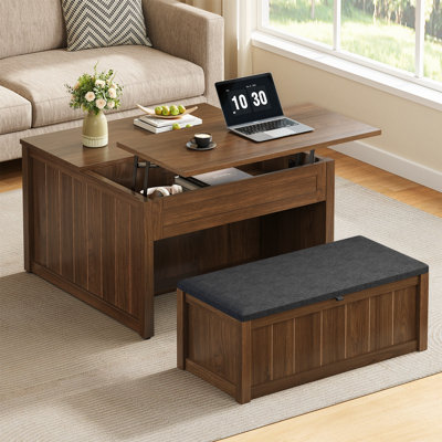 31'' Square Lift Top Coffee Table With Bench, Farmhouse Coffee Table Set for Living Room
