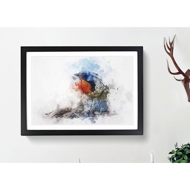 Robin Bird in Abstract - Picture Frame Painting Print, 35cm H x 50cm W x 2cm D, Black
