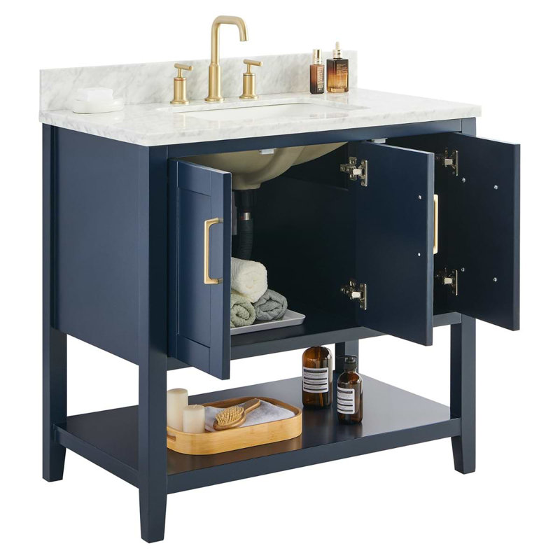Sheraton 36" Freestanding Standard Single Bathroom Vanity with Top, Navy, Gold Zinc Alloy