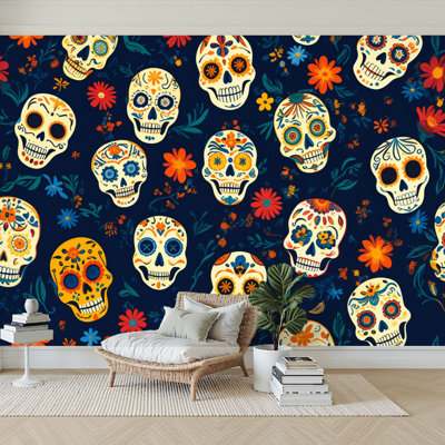 Peel and Stick Wallpaper 96" W x 69" H Modern Self Adhesive Wall Mural for Bedroom Colourful Day Dead Sugar Skull Flower