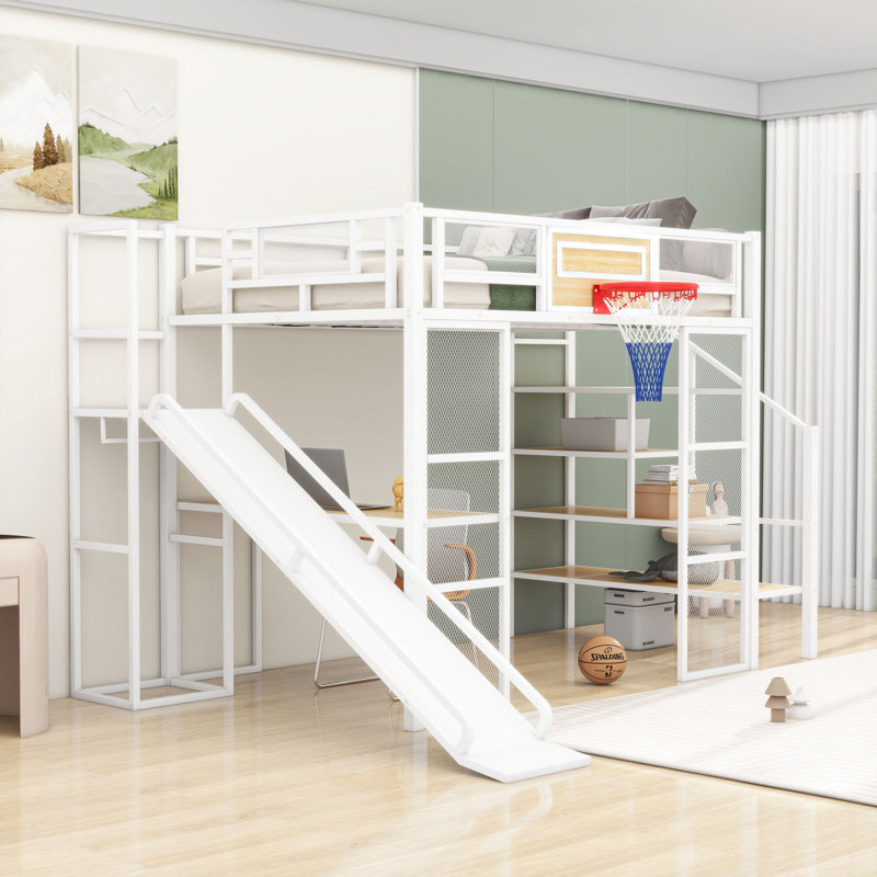Lit mezzanine double en métal avec bureau, garde-robe, panier de basketball, toboggan et escalier de rangement, Blanc