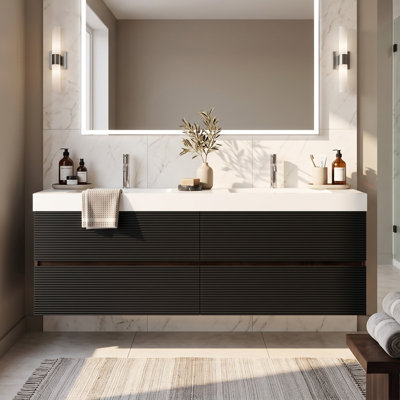Meuble-lavabo 60 po en noyer avec 2 lavabos à surface solide blanc brillant et 4 tiroirs noirs doux, meuble-lavabo mural flottant pour salle de bain moderne, sans drain ni robinet, pré-assemblé