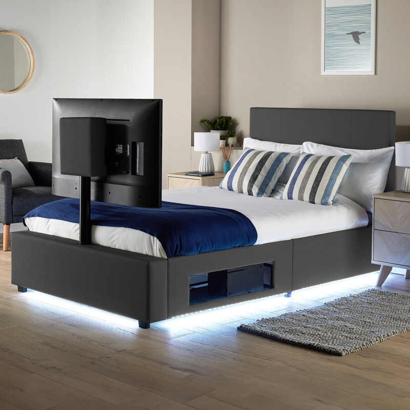 XR Living Ava Upholstered TV Bed with LED Lighting, Small Double (4'), Grey