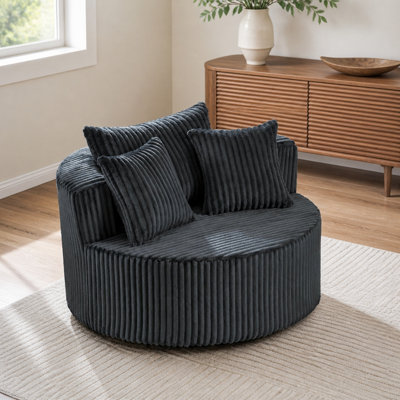 Oversized Round Swivel Accent Chair with Plush Upholstery & Matching Throw Pillows-Dark Gray