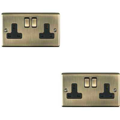 2 PACK 2 Gang Double UK Plug Socket MATT BLACK 13A Switched Power Outlet