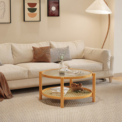 Table basse en rotin, table basse en bambou à 2 niveaux avec plateau en verre et tablette de rangement en rotin de PVC, idéale pour la vie moderne et les espaces de bureau