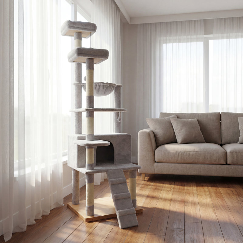 Arbre à chat 71 pouces à plusieurs niveaux avec hamacs, plateformes doubles, grotte pour chat et poteaux à griffer - Tour pour chat en peluche pour plusieurs chats d'intérieur