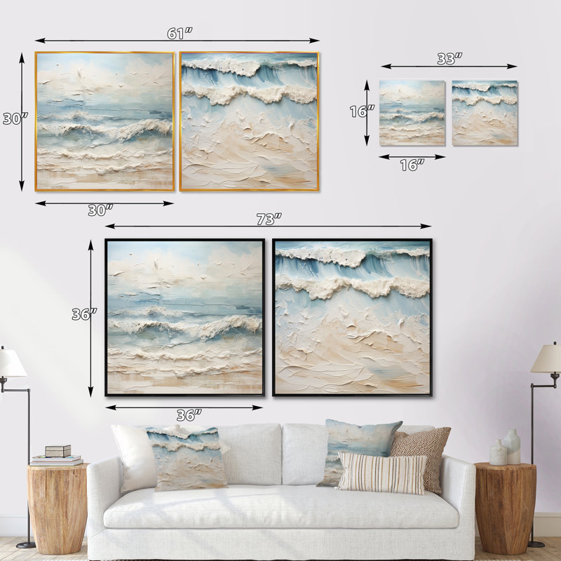 Peinture de plage côtière beige et bleue - ensemble de 2 carrés de plage côtiers, Cadre flottant doré, H 16 po x l 33 po