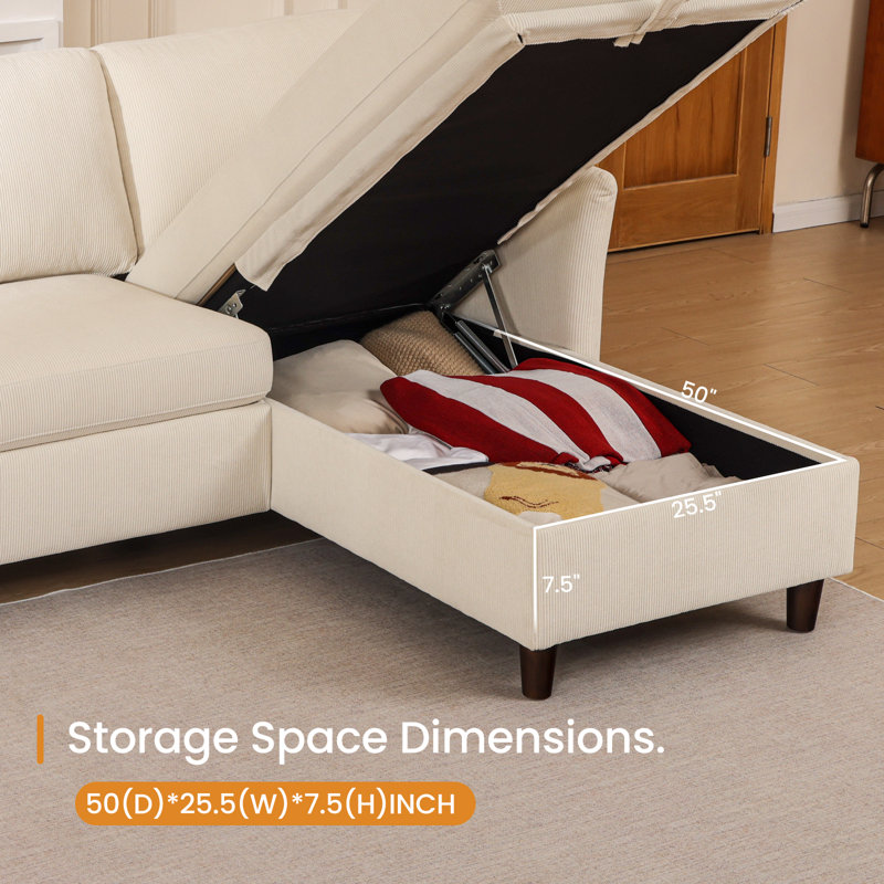 88.5'' W Corduroy Comfy L Shaped Sectional Storage Sofa Modular Cloud Sofa , Beige Corduroy
