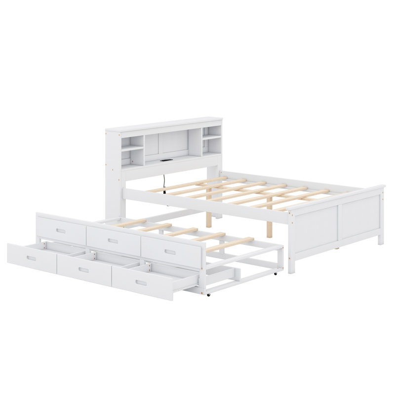 Lit plateforme avec tête de rangement Willavene, USB, lit gigogne simple et 3 tiroirs, Blanc, Double