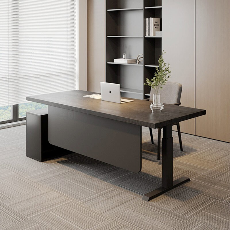 Bureau de direction réglable en hauteur en pin massif noir clair luxueux, avec rangement à 3 tiroirs, structure en acier robuste et plateau de table en bois massif, polyvalent pour de multiples cas de figure