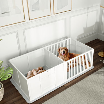 Boîte de mise bas Whizzing pour chiens - 65 po x 31,5 po, porte ajustable et coussin imperméable, boîte pour chiens de différentes races, l 65,4 po l 31,5 po, hygiénique confortable, porte