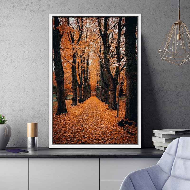 Automne automne «Orange Autumn Garden Path Nature Forest Trees» sur, Cadre flottant blanc, H 36 po x l 24 po