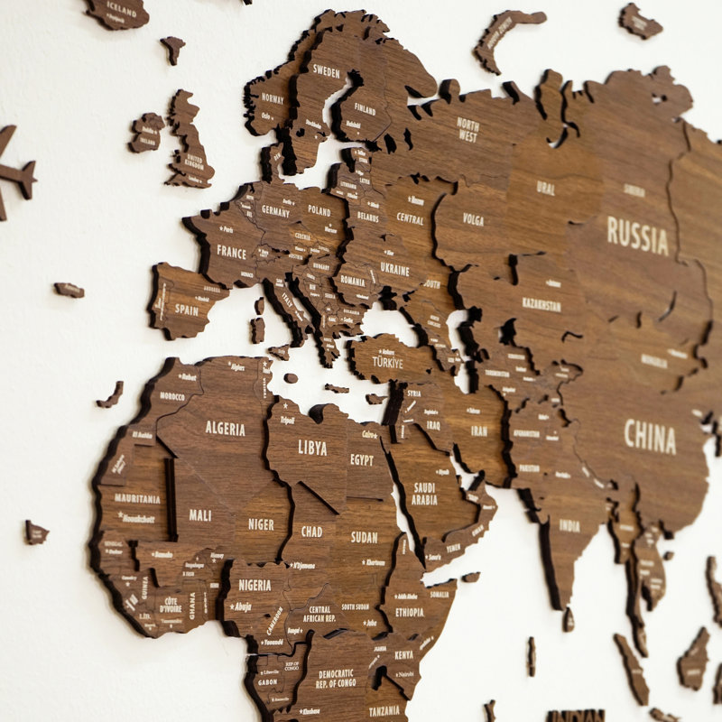 3D Wooden World Map for Wall - 3D Wood Push Pin Map, 59.1" H x 31.5" W x 0.2" D, Brown