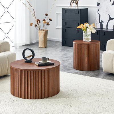 Ensemble de 2 tables basses gigognes romaines avec rangement intégré, finition grain de noyer