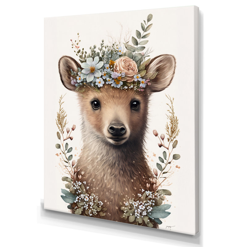 Mignon bébé ours avec couronne florale II - animaux, art mural sur toile, L 16 po x H 32 po, Toile tendue