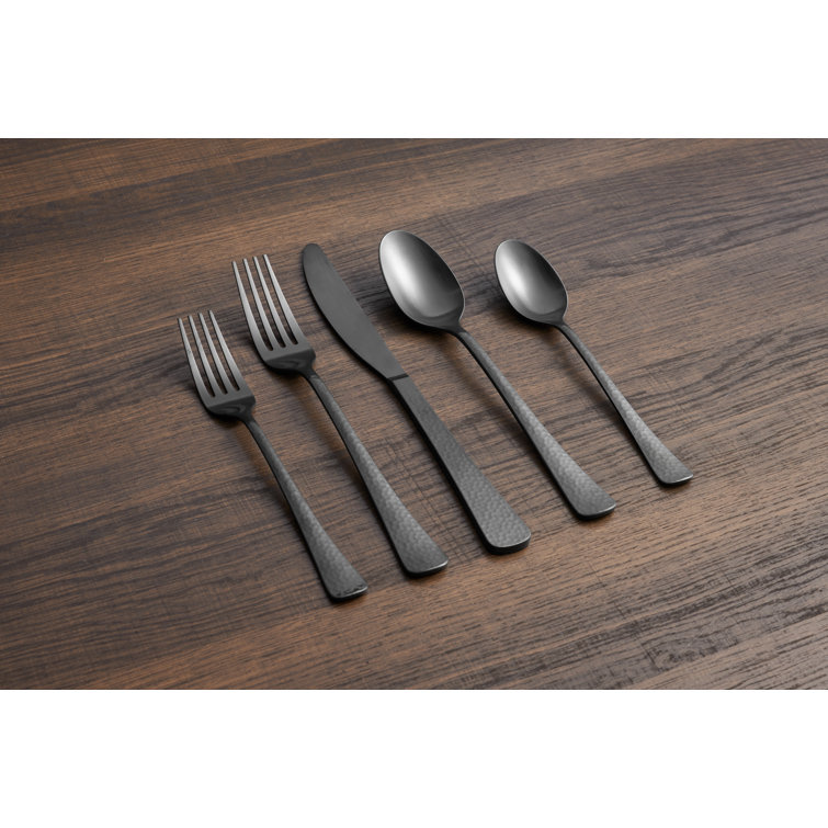 Black Hammered Silverware Set, 24-Piece Stainless Steel Square