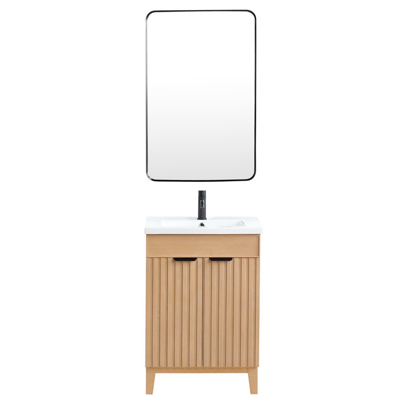 24'' Free Standing Single Bathroom Vanity with Ceramic Top, Fir Wood Brown, Matte Black