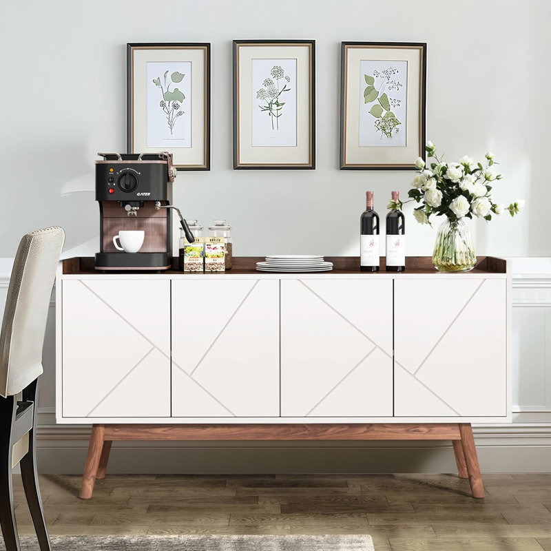 Buffet Buffet Buffet moderne de 55 pouces avec portes escamotables Buffet en bois avec rebord surélevé, Blanc
