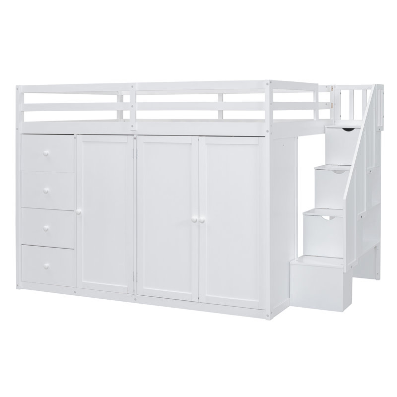 Lit mezzanine avec rangement et escaliers, tiroirs et tiroirs Jaquise, Blanc