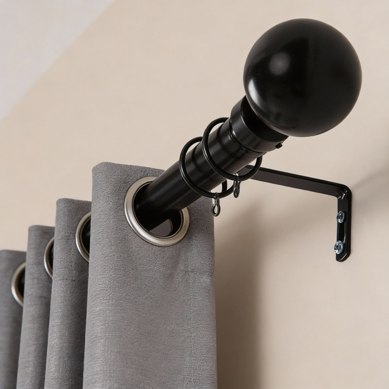 Extendable Metal Curtain Pole - Adjustable Plain Metal Rod with Finials & Brackets for Eyelet/Tab-Top Curtains, Matte Black