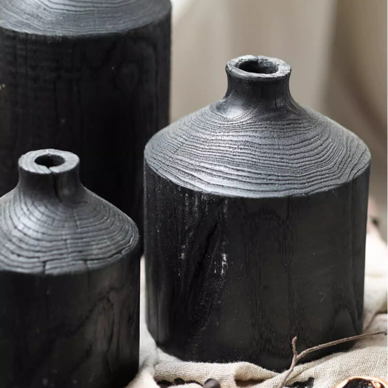 Black Wooden Vase Narrow Neck Decorative Bottle, 9.8" H x 5.9" W x 5.9" D