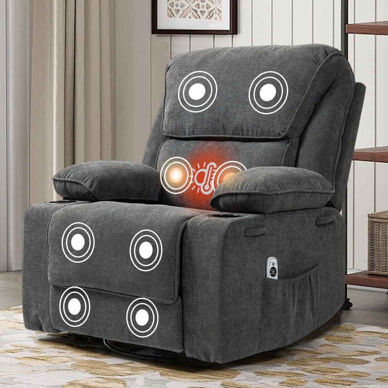 Rocker Recliner Swivel Heated Massage Reclining Chair, Dark Gray
