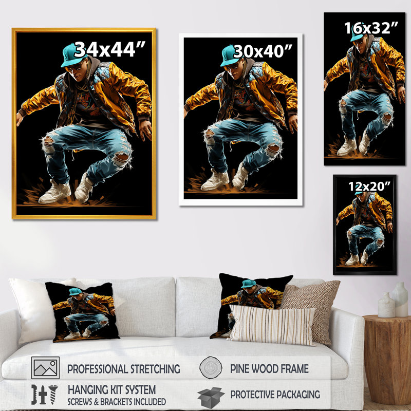 Urban Rhythms Breakdance Evolution I - art mural de danse, Cadre doré simple, H 20 po x l 12 po x P 1 po