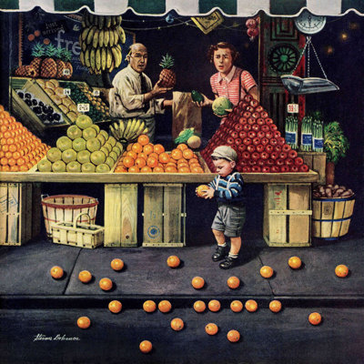 " Toddler And Oranges " by Stevan Dohanos Painting Print