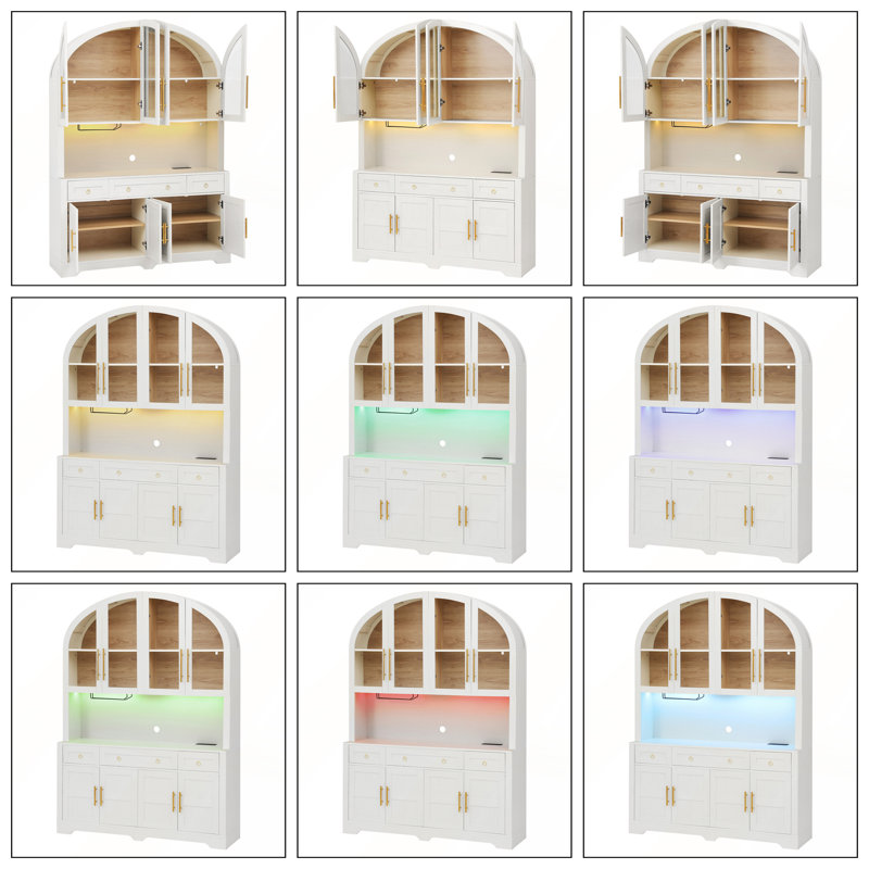 Armoire de cuisine cintrée de 75,8 pouces de hauteur et 55 pouces de largeur avec éclairage DEL et prise de charge, Brun
