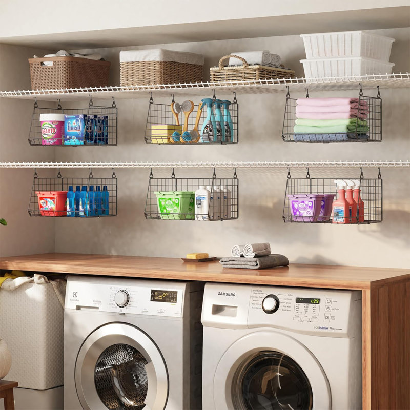 Ensemble de 3 paniers à linge suspendus: panier à linge pliable avec crochets rotatifs à 360 ° et rangement pour petits espaces au-dessus des tablettes de la laveuse et de la sécheuse - Organisateur de placard suspendu, vernis noir
