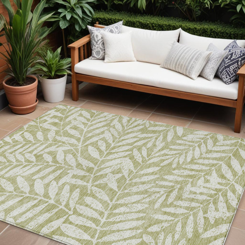 Tapis intérieur / extérieur 10 pi x 14 pi vert et ivoire à motif floral articulé lavable