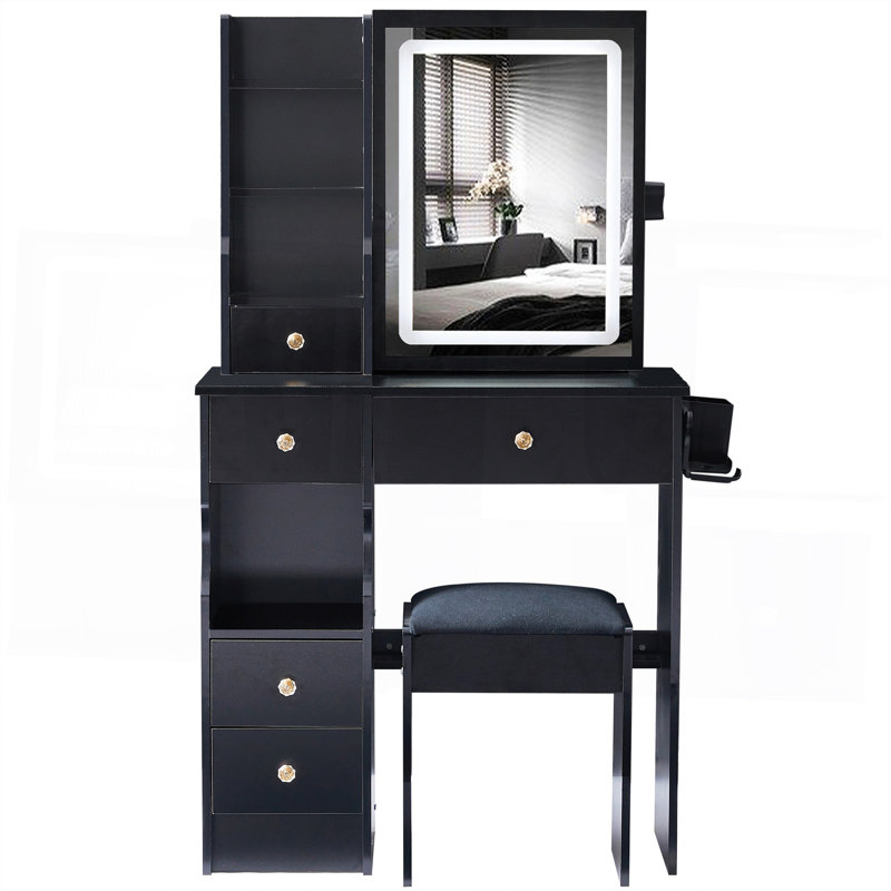 Petit meuble-lavabo de 29,2 po avec tiroir à gauche + tabouret rembourré, 2 blocs d'alimentation CA + 2 ports USB, support pour sèche-cheveux, très grand miroir coulissant à commande tactile à DEL, réglage de la luminosité tricolore, réglage de la luminosité
