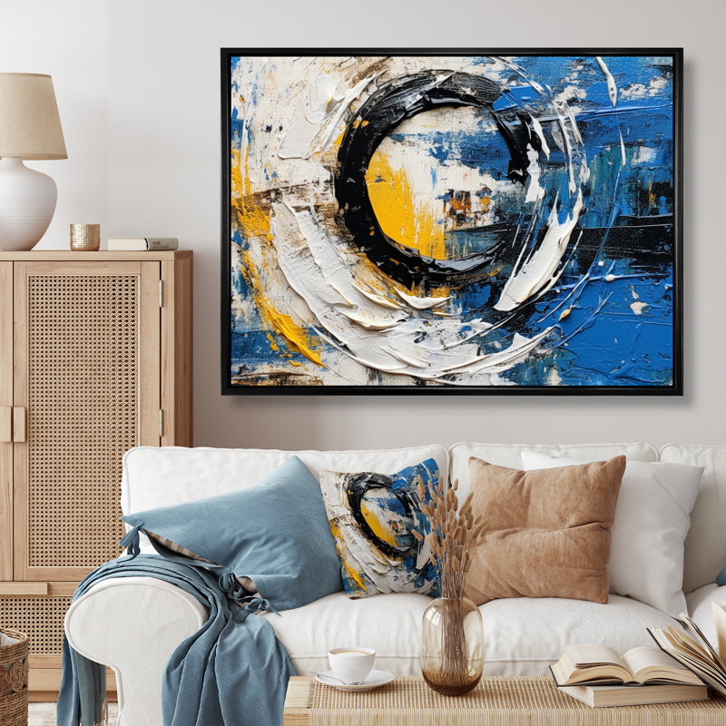 Fusion cubiste bleue et blanche sur toile, Cadre flottant noir, H 12 po x l 20 po x P 1 po