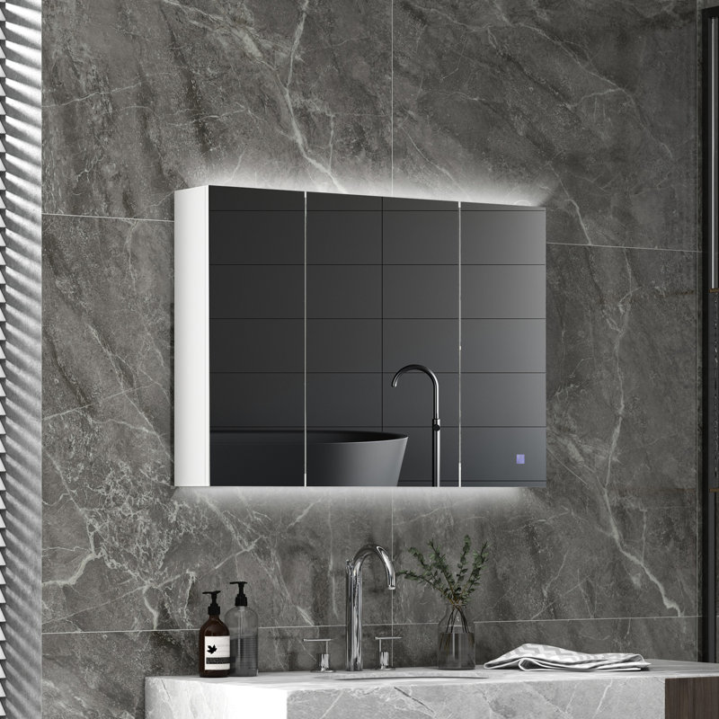 Armoire de salle de bain murale lumineuse avec rangement - H 25,5 po x l 35,5 po x P 6 po, blanc, tablette ajustable