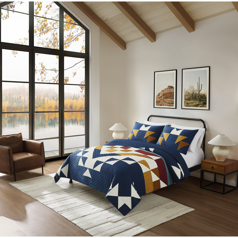 Navy Cotton King Quilt Set with Geometric Pattern