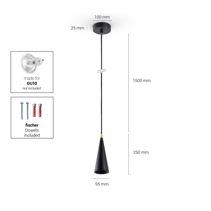 Cone pendant lamp 1-light Tide, Black, 177.5cm H x 9.5cm W x 9.5cm D