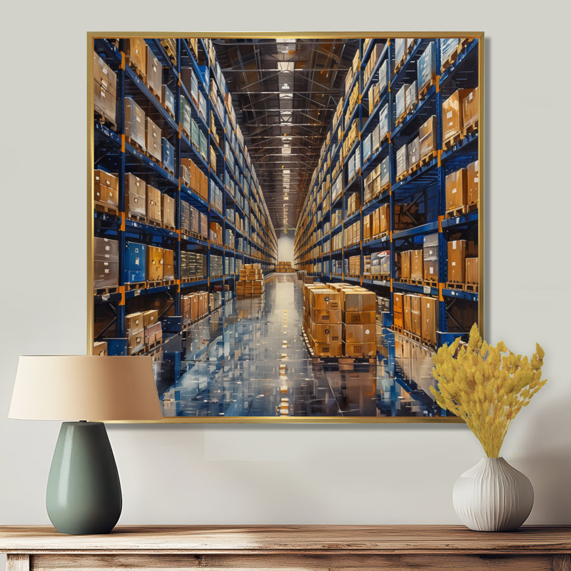 «Blue Warehouse», H 30 po x l 30 po, Cadre flottant doré