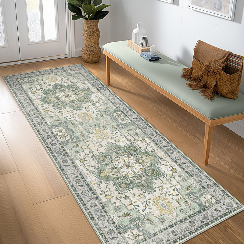 Tapis oriental performance Roehit, Tapis de couloir de 2 pi x 7 pi, Jaune / ivoire / vert