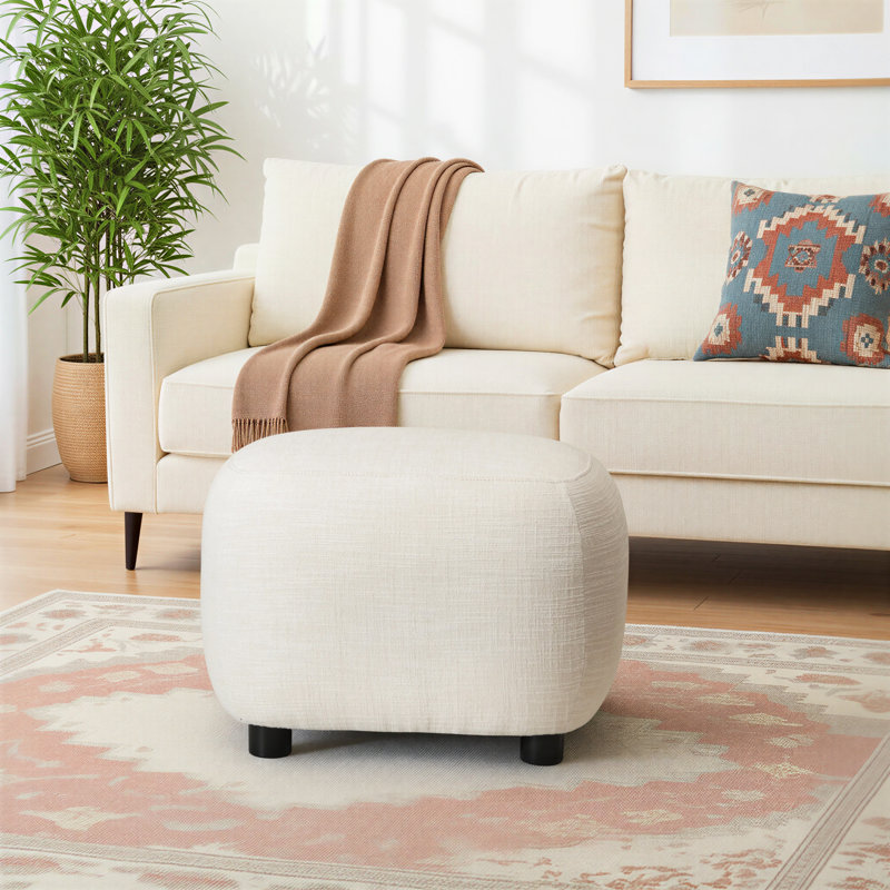 Overstreet 23" Wide Boucle Upholstered Ottoman, Duneagle Alabaster Ivory Performance Linen Blend