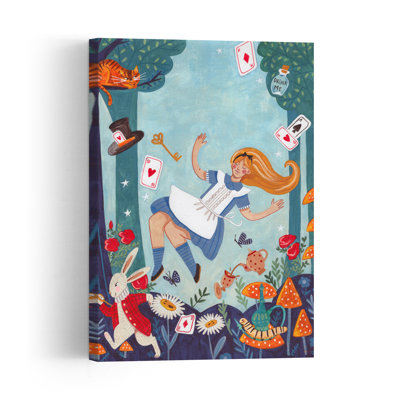 Alice au pays des merveilles - Illustration murale colorée, ludique et fantaisiste représentant un chat, un lapin et la forêt.