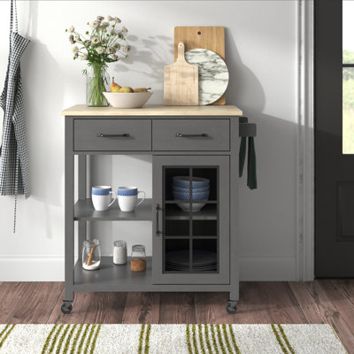 32" W Solid Wood Top Kitchen Cart with Locking Wheels 