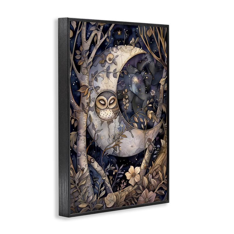 Lune chouette endormie, estampe numérique par The Dutch Lady, H 30 po x l 20 po, Giclée encadrée noir minuit